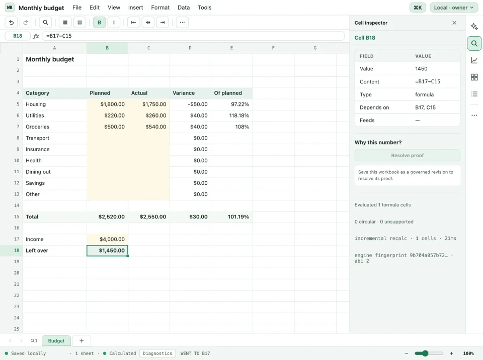 Workbook Studio budget and cell inspector