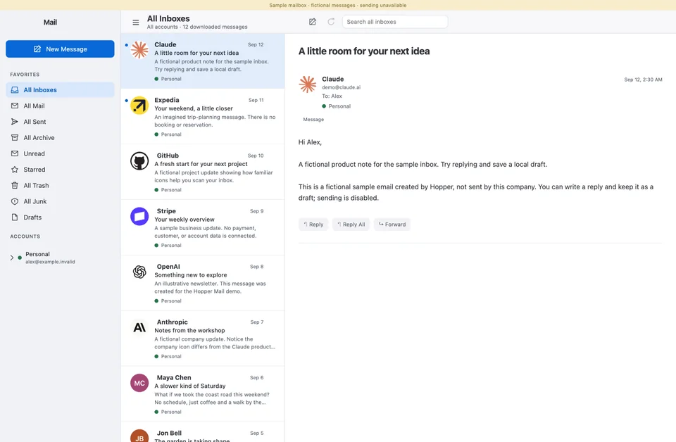 Actual Mail inbox with Claude, GitHub and Expedia icons beside fictional messages