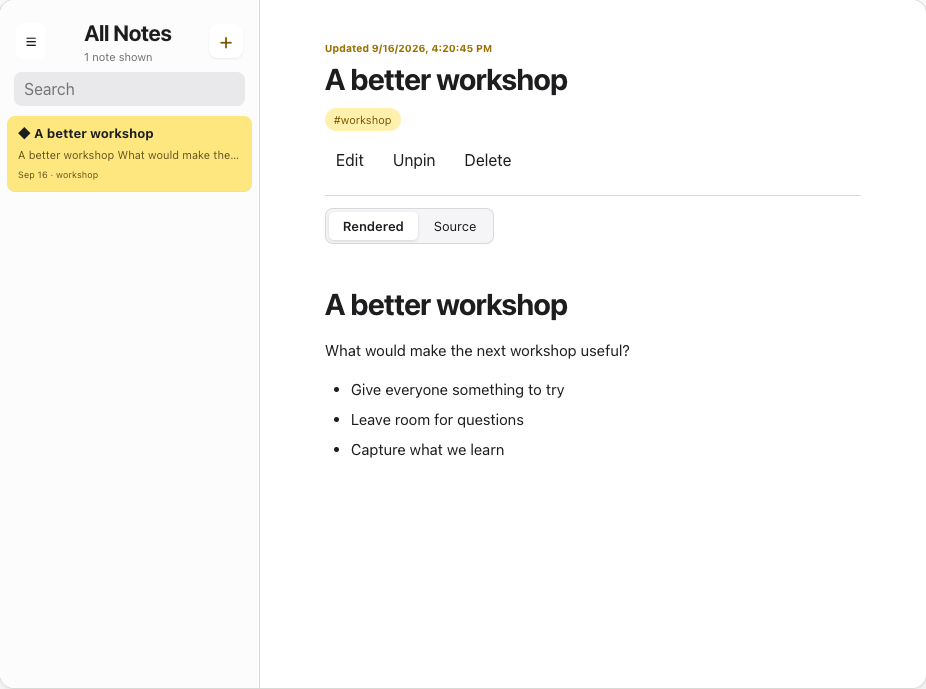 Notes showing a workshop note in the public product preview