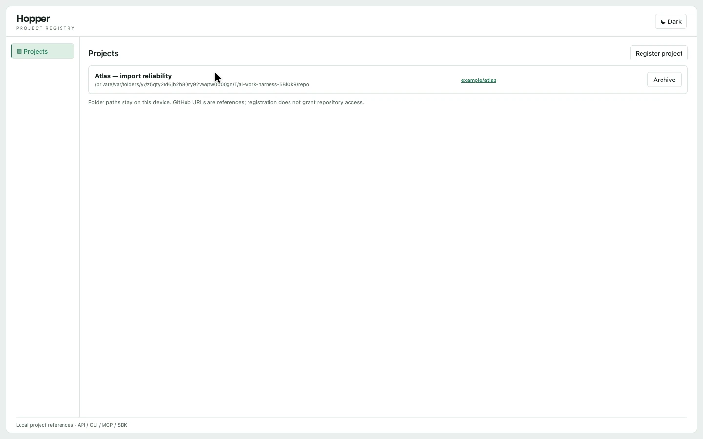 Project Registry actual application interface