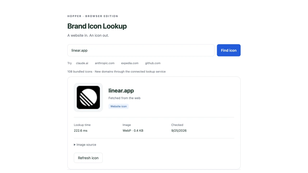 Brand Icon Lookup returning a refreshed Linear website icon through the connected service